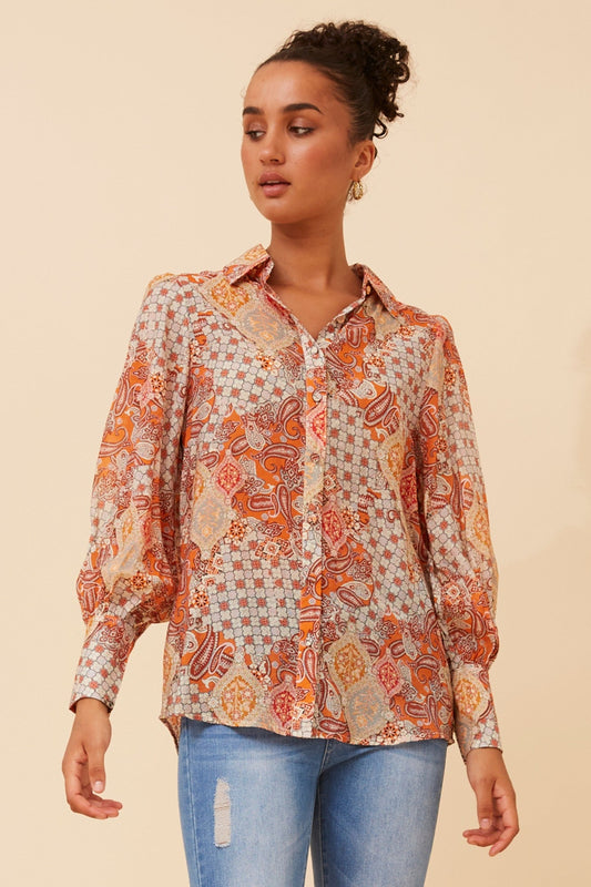 BELLE PATCHWORK PRINT SHIRT (Multi Orange)