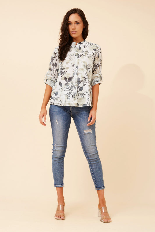 KRISTEL LEAF PRINT TOP (Multi Grey)