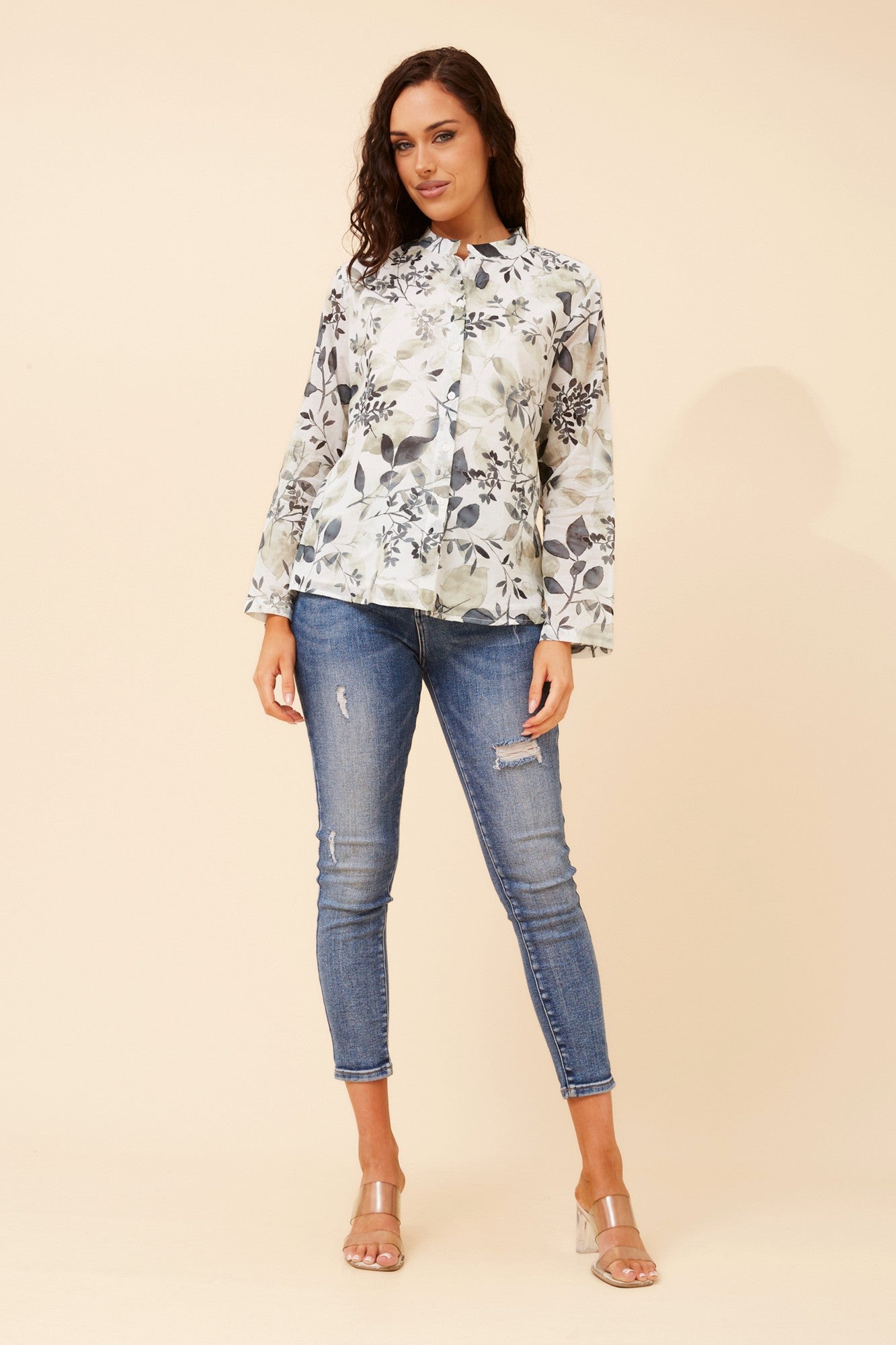 KRISTEL LEAF PRINT TOP (Multi Grey)