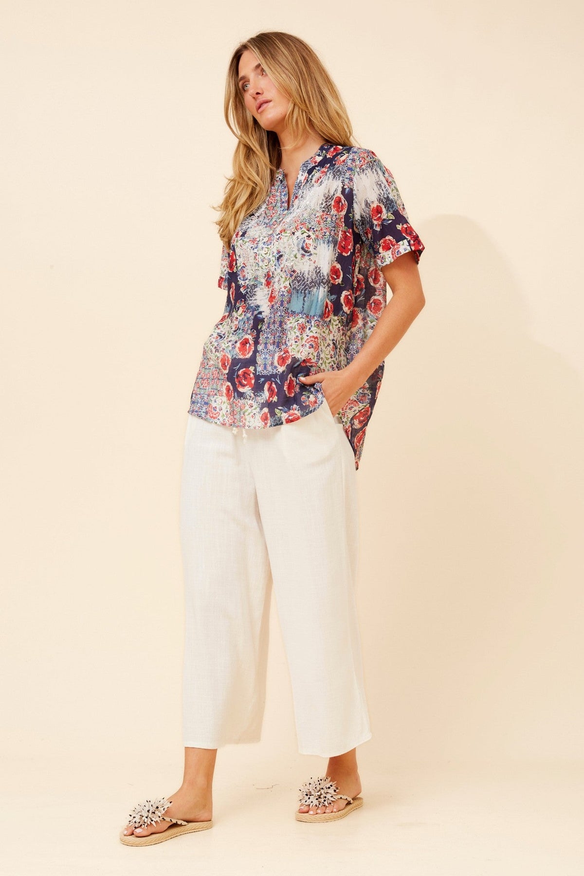 Caroline Morgan Australia ARCHANA PATCHWORK PRINT BLOUSE (Navy)