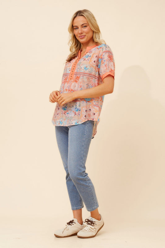 Caroline Morgan Australia ARCHELLE PATCHWORK PRINT TOP (Coral)