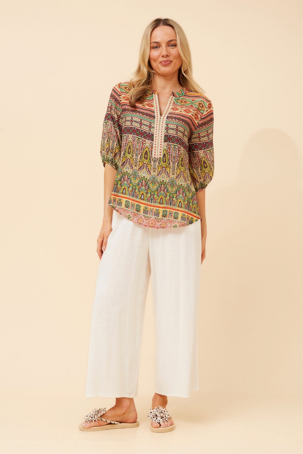 YANAE BORDER PRINT TOP (Multi Green)