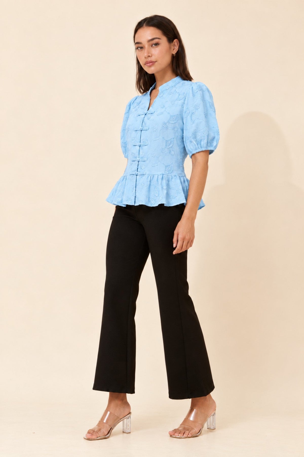 Caroline Morgan Australia WITLEE EMBROIDERED PEPLUM TOP (Blue)