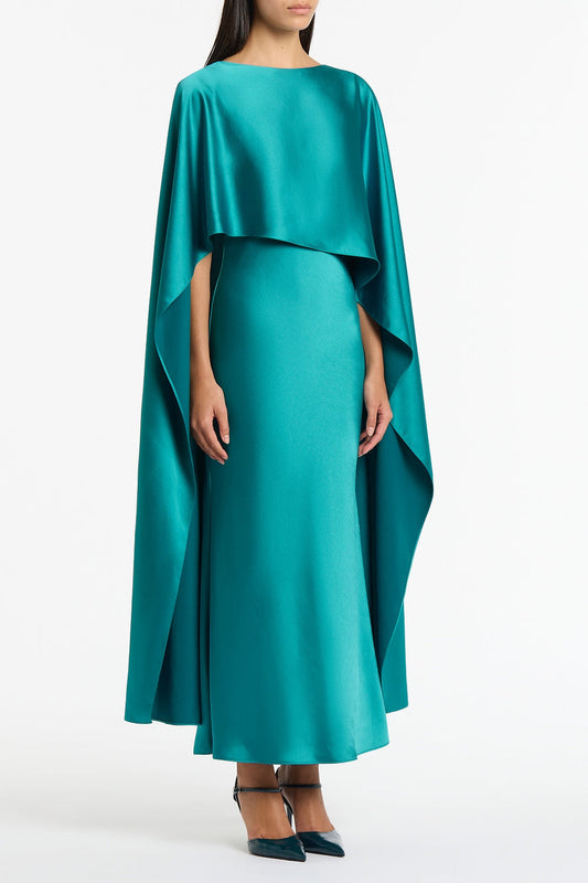 Carla Zampatti Viridian Lustre Satin Asymmetric Drape Dress (Green)