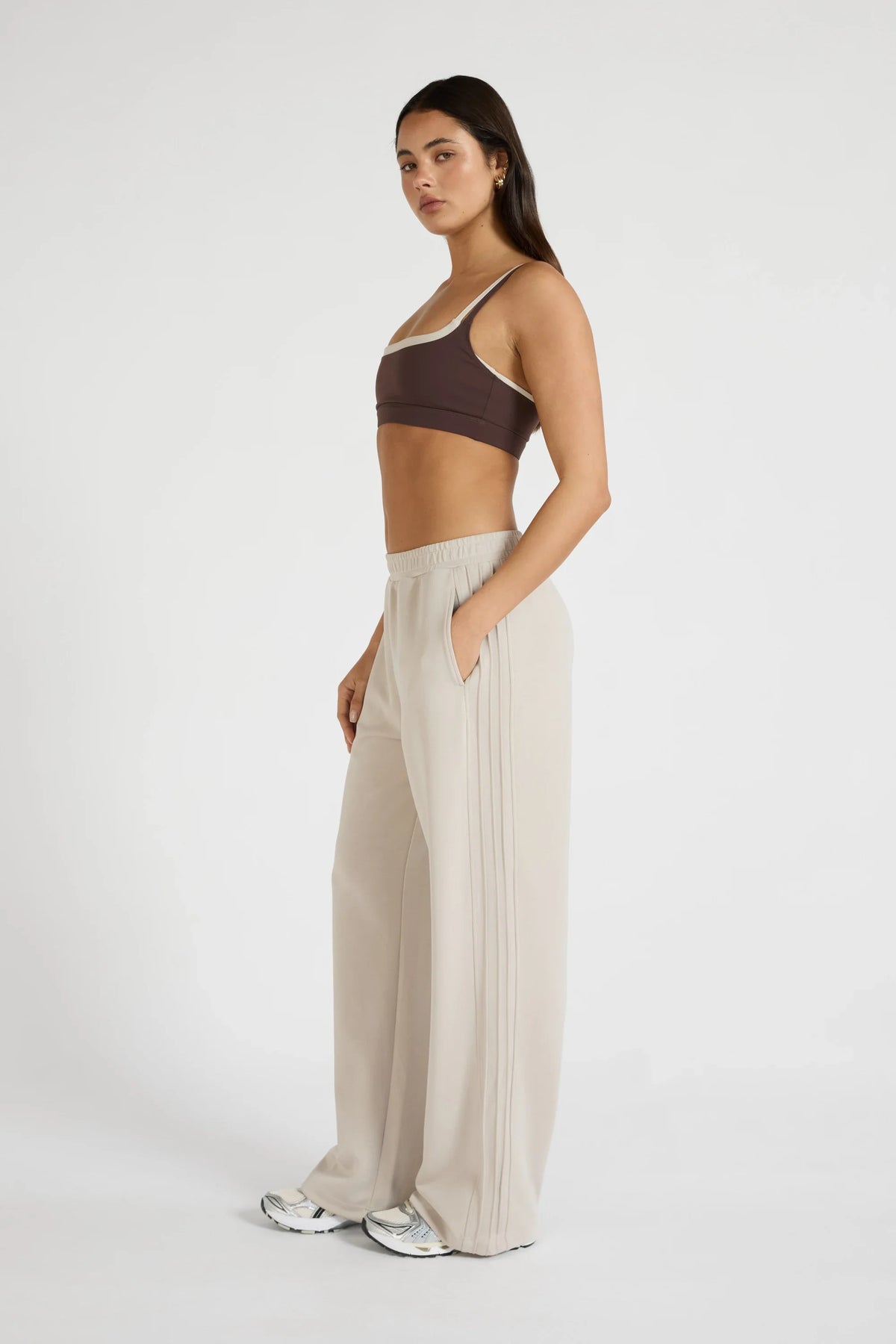 ALLFENIX Soft Luxury Pin Tuck Wide Leg Track Pant (Stone)