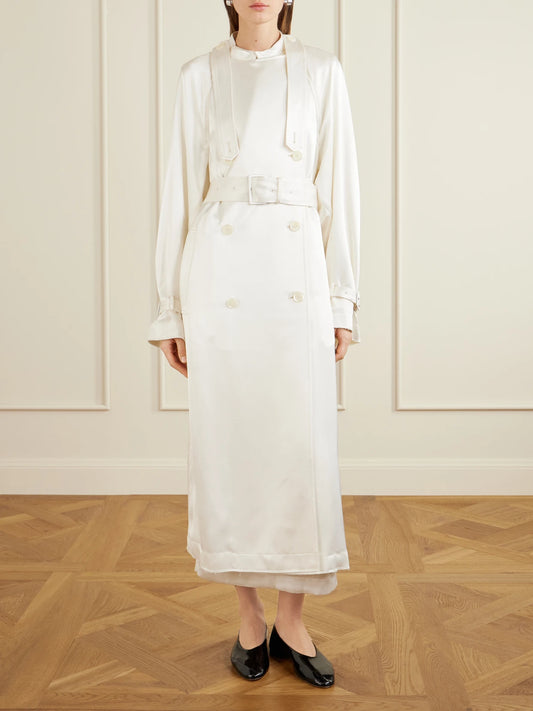 Double-breasted Draped Satin Trench Coat