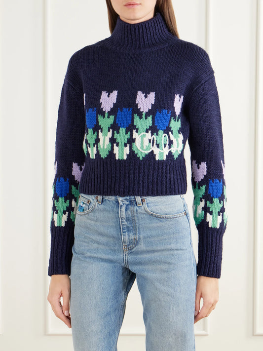 Chloé Cropped Floral-intarsia Turtleneck Wool Sweater