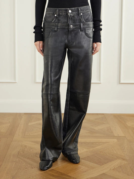 Haikure Bonnie Double Wb Hedwig Black Denim-trimmed Leather Mid-rise Wide-leg Jeans