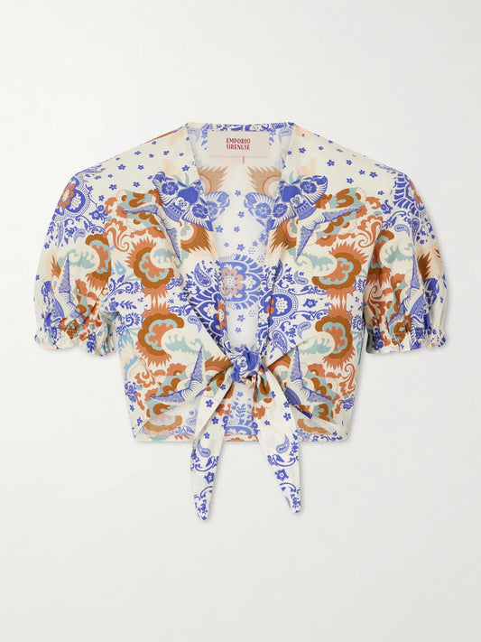 Poppy Knotted Printed Cotton-poplin Cropped Top