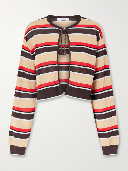 Bead-embellished Striped Knitted Cardigan