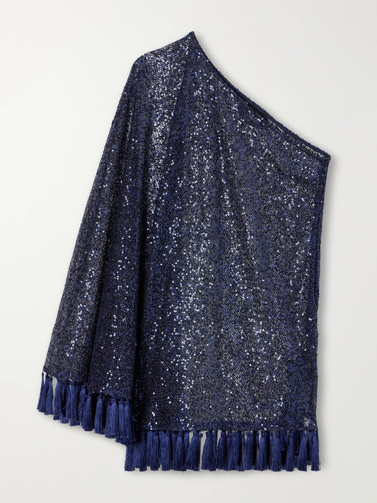 Taller Marmo One-shoulder Fringed Sequined Mesh Mini Dress