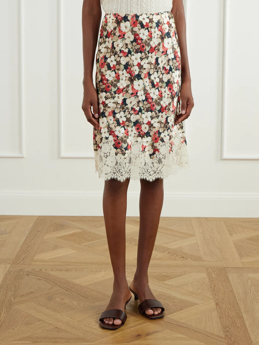 DÔEN Elowette Floral-print Lace-trimmed Silk-satin Midi Skirt