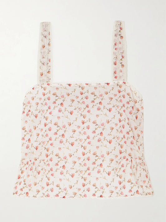 Charlotte Lace-trimmed Floral-print Cotton Top