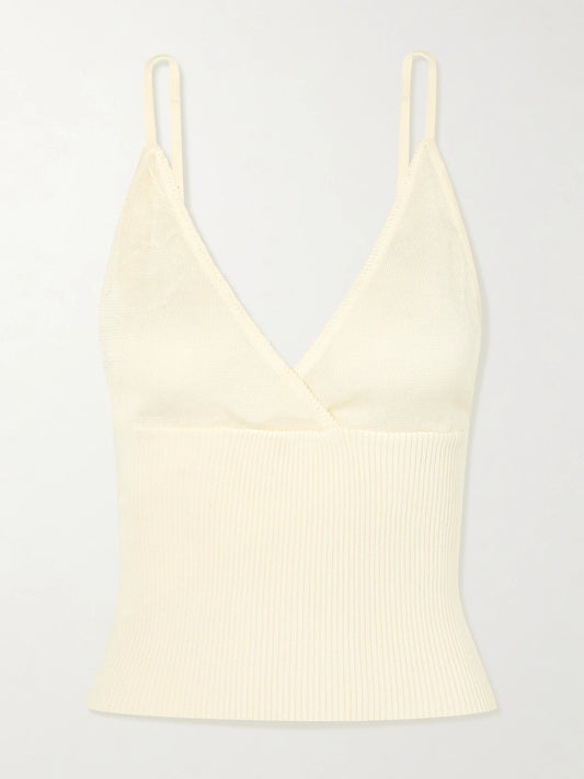 Cross Panel Cropped Ribbed Linen Top