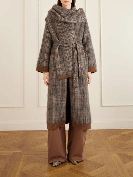 Scarf-detailed Belted Checked Brushed Wool-blend Coat