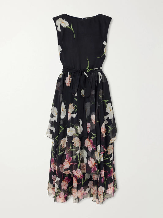 Oscar de la Renta Belted Tiered Floral-print Silk-chiffon Midi Dress