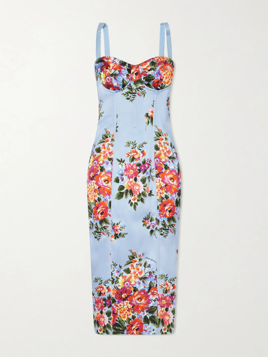 Floral-print Satin Bustier Midi Dress