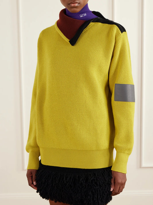 LOEWE Zip-detailed Leather-trimmed Ribbed Wool-blend Turtleneck Sweater