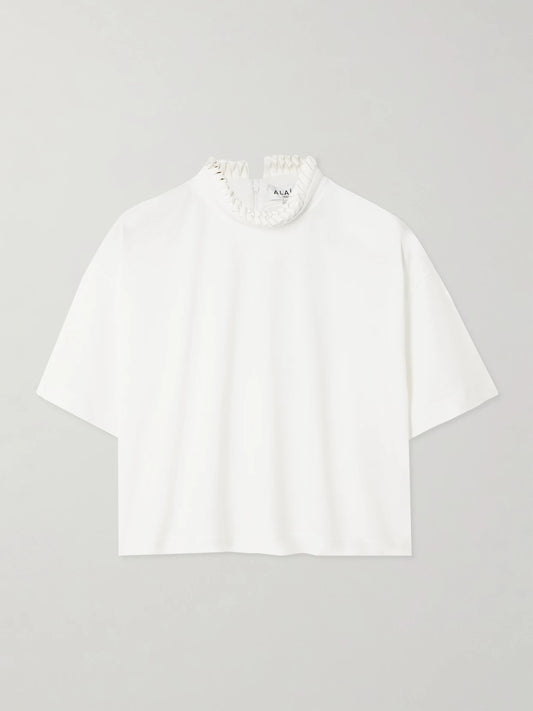Cropped Ruffled Cotton-jersey Turtleneck T-shirt