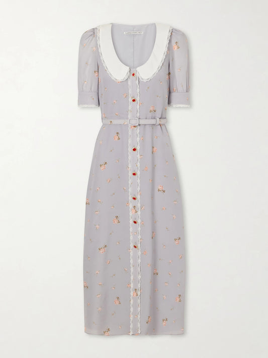 Belted Floral-print Lace-trimmed Silk-crepe De Chine Midi Dress