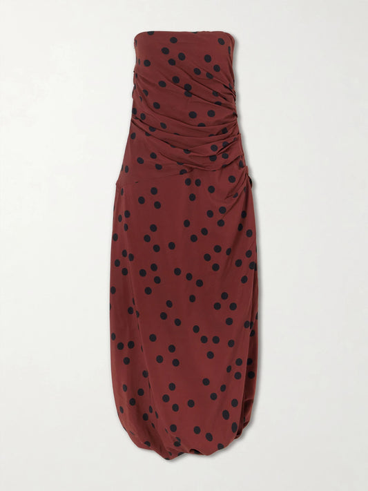 Nayara Strapless Gathered Polka-dot Crepe Midi Dress