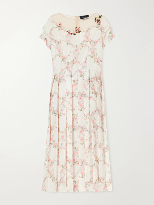 Simone Rocha Bead-embellished Pleated Floral-printed Taffeta Midi Dress