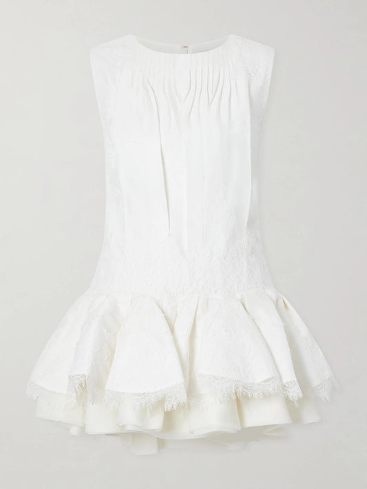Cressida Gathered Tiered Lace-trimmed Linen-blend Mini Dress