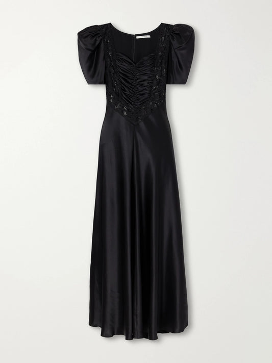 Rodarte Ruched Lace-trimmed Silk-satin Gown