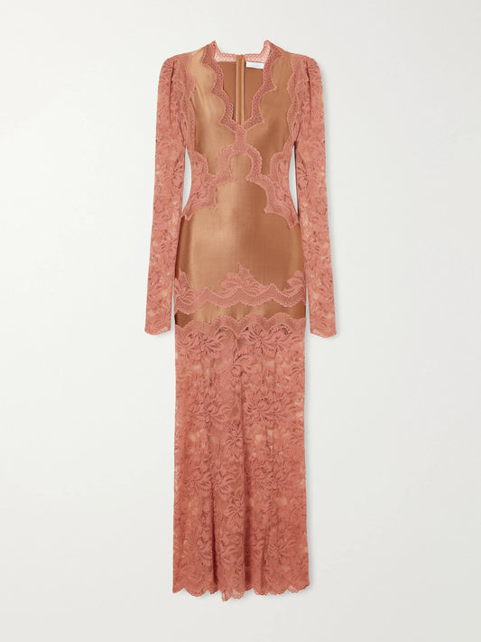 RABANNE Lace-trimmed Stretch-satin Maxi Dress