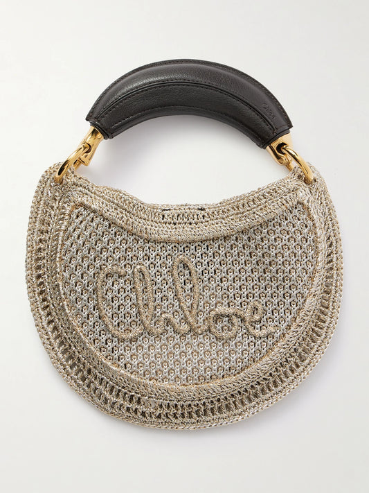 Summer Banana Leather-trimmed Metallic Crocheted Tote