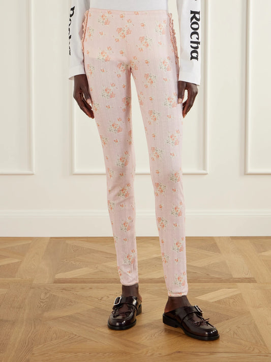 Simone Rocha Ruffled Floral-print Pointelle-knit Cotton-jersey Leggings