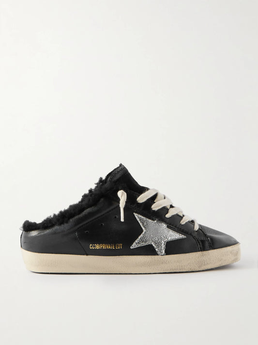 Super-star Sabot Distressed Shearling-lined Leather Slip-on Sneakers