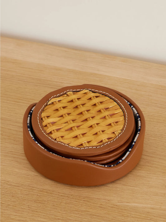 Bailey Leather-trimmed Rattan-woven Set Of Four Coasters