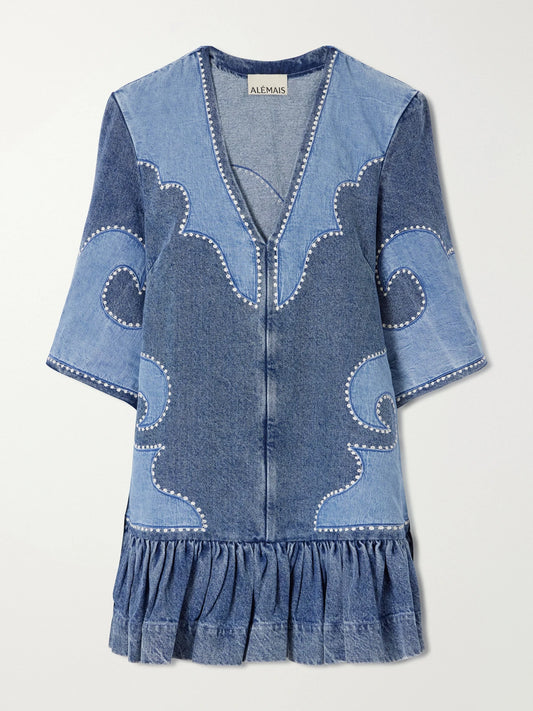 ALÉMAIS Jesse Ruffled Embroidered Denim Mini Dress