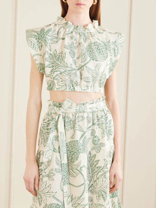 Muna Cropped Ruched Printed Linen Top