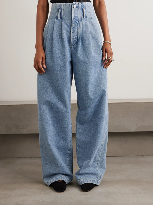 + Maria Mcmanus Corset Belted Pintucked High-rise Wide-leg Jeans