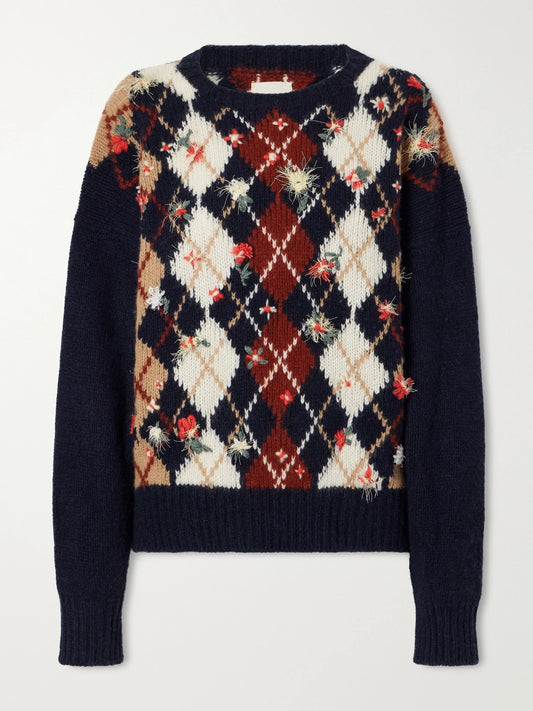 KHAITE Timi Floral-embroidered Argyle Cashmere And Mohair-blend Sweater