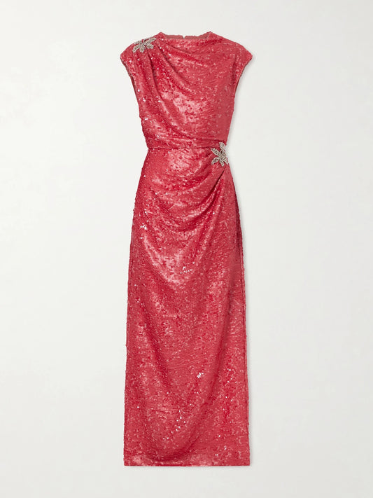 Draped Sequined Chiffon Gown