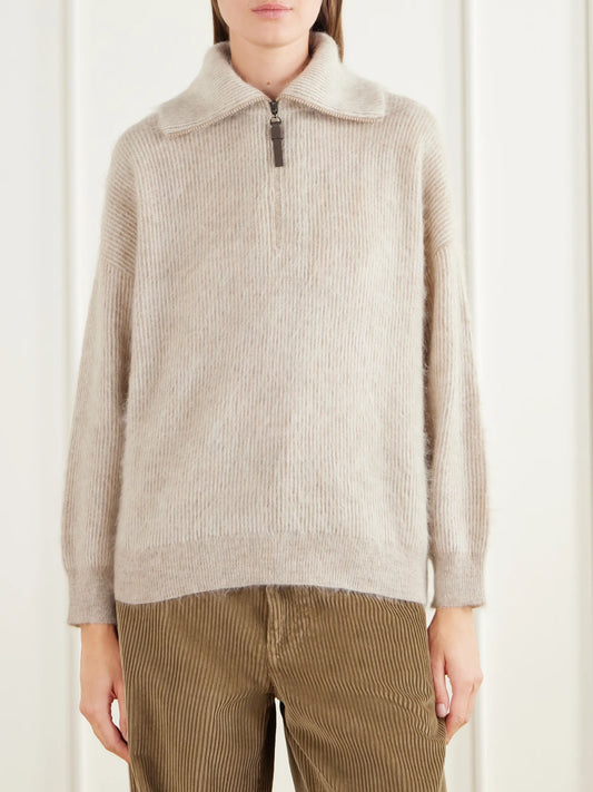 Brunello Cucinelli Ribbed Brushed Mohair-blend Half-zip Sweater