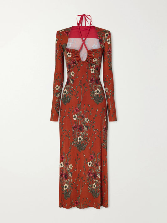 Johanna Ortiz Festive Performance Gathered Floral-print Stretch-jersey Halterneck Midi Dress