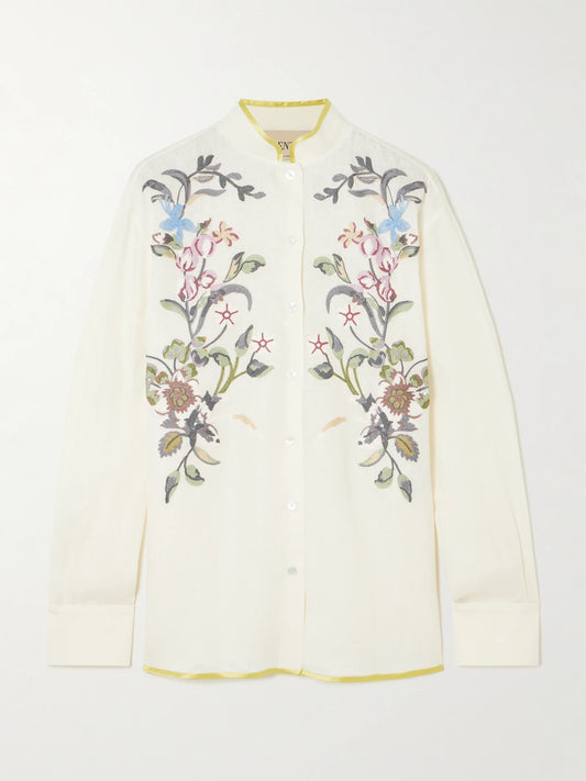 Silk-trimmed Embroidered Linen Shirt