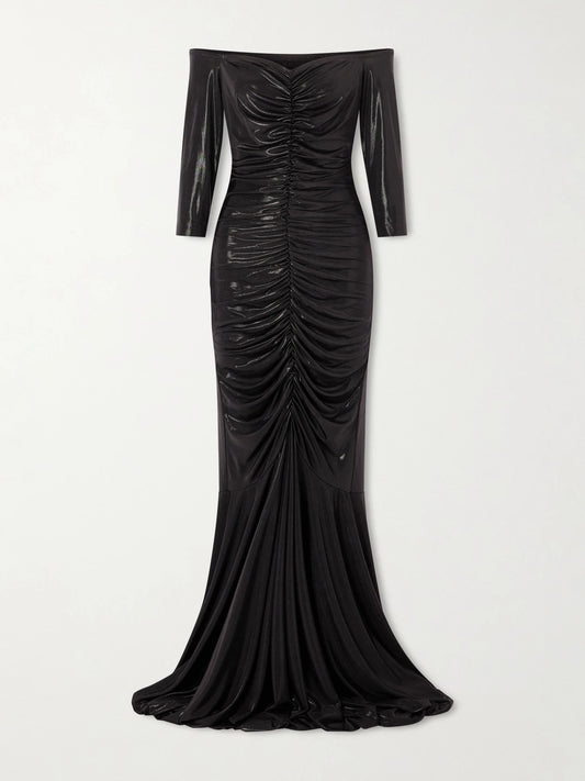Off-shoulder Ruched Stretch-lamé Gown
