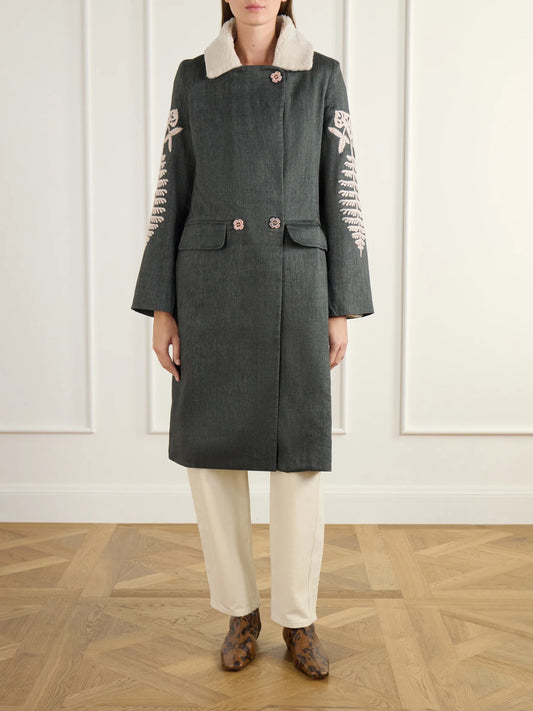 ALIX OF BOHEMIA Petunia Embroidered Fleece-trimmed Wool And Linen-blend Twill Coat