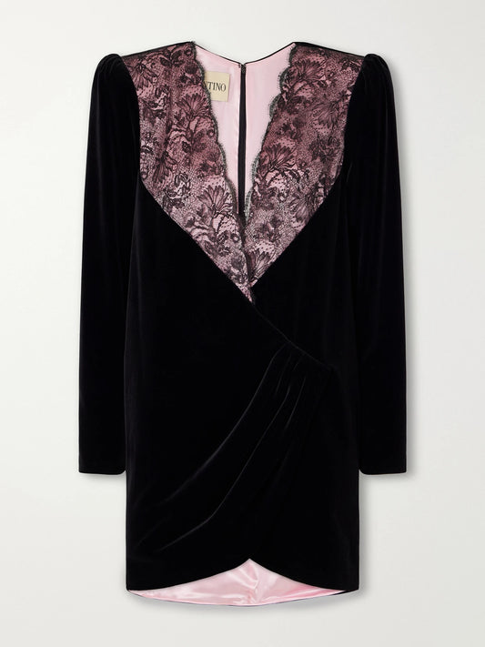 Valentino Garavani Lace-trimmed Cotton-velvet Mini Dress
