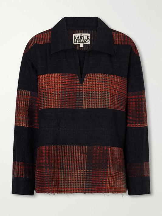 Kartik Research Checked Block-print Patchwork Silk-twill Shirt.