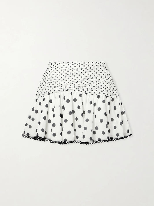 Noira Ruched Guipure Lace-trimmed Polka-dot Cotton-blend Voile Mini Skirt