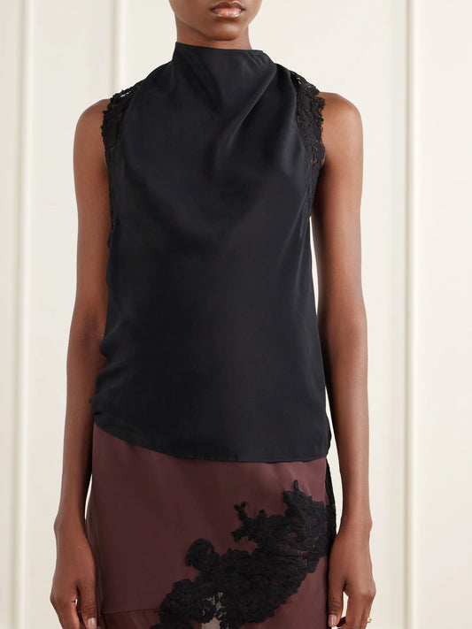 SIR. Tie-detailed Lace-trimmed Satin Top