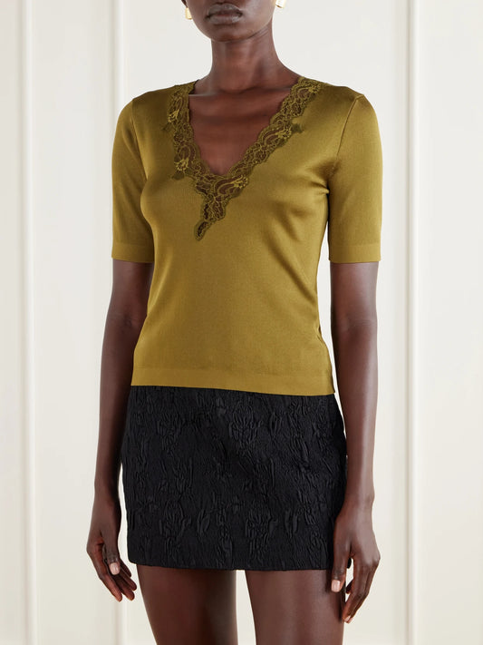 Balmain Lace-trimmed Knitted T-shirt