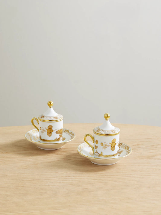 Oriente Italiano Set Of Two Gold-plated Porcelain Coffee Cups, Covers And Saucers