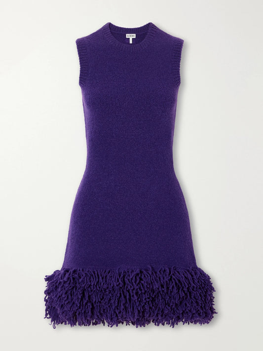 LOEWE Logo-embroidered Fringed Wool-blend Mini Dress